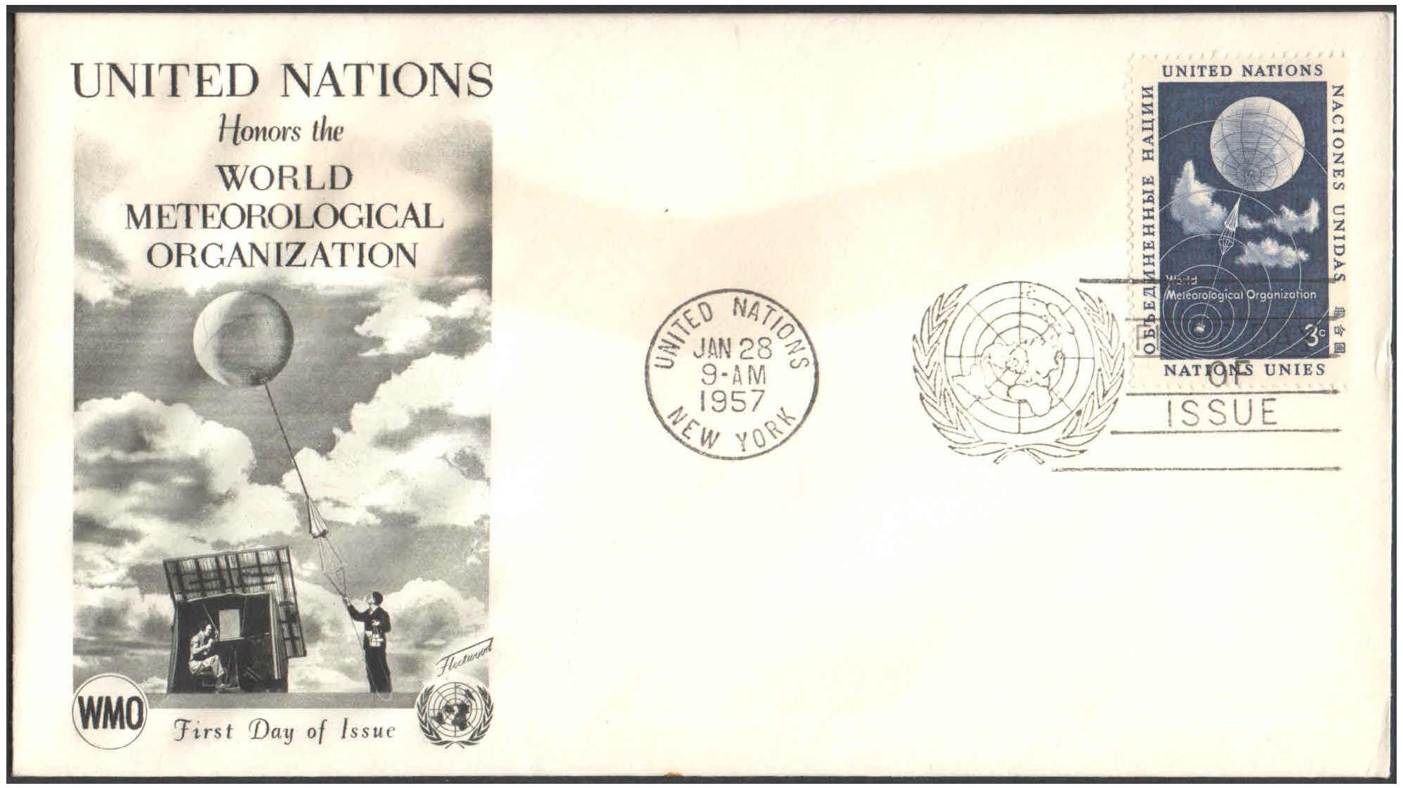 United Nations (UN) 1957 World Meteorological Organization (3c stamp)- First Day of Issue Cover