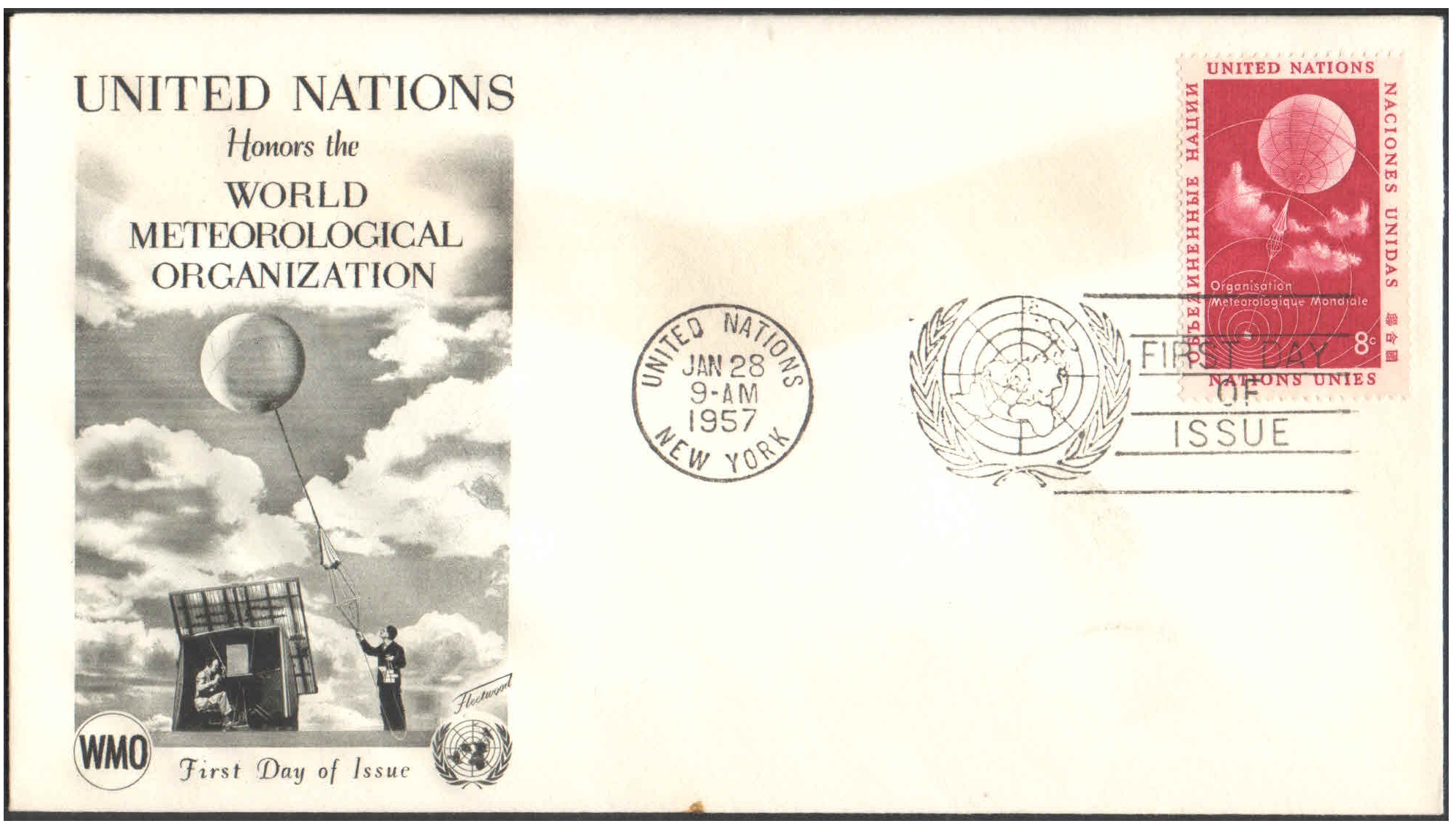 United Nations (UN) 1957 World Meteorological Organization (8c stamp)- First Day of Issue Cover
