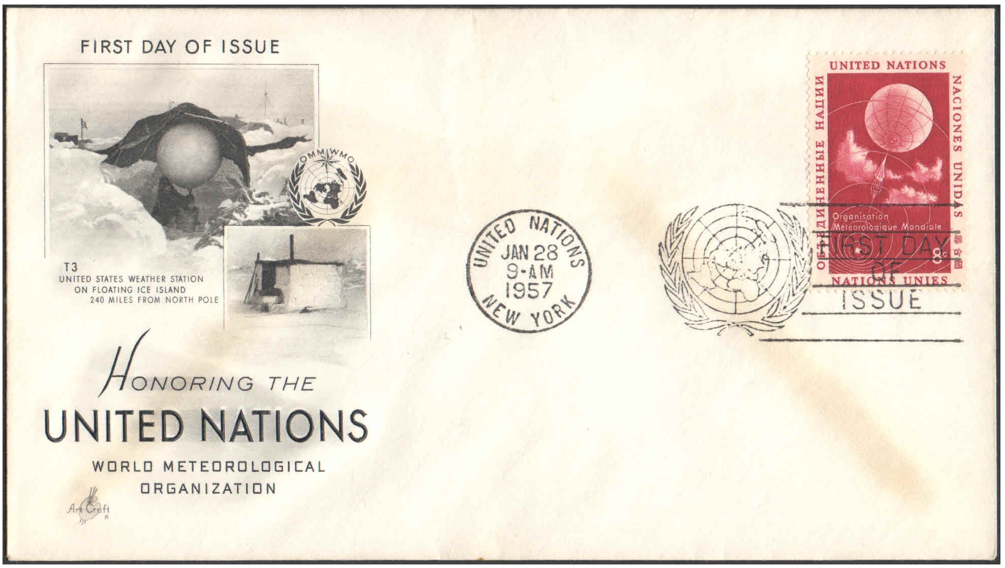 United Nations (UN) 1957 U.S. Weather Station near North Pole - First Day of Issue Cover