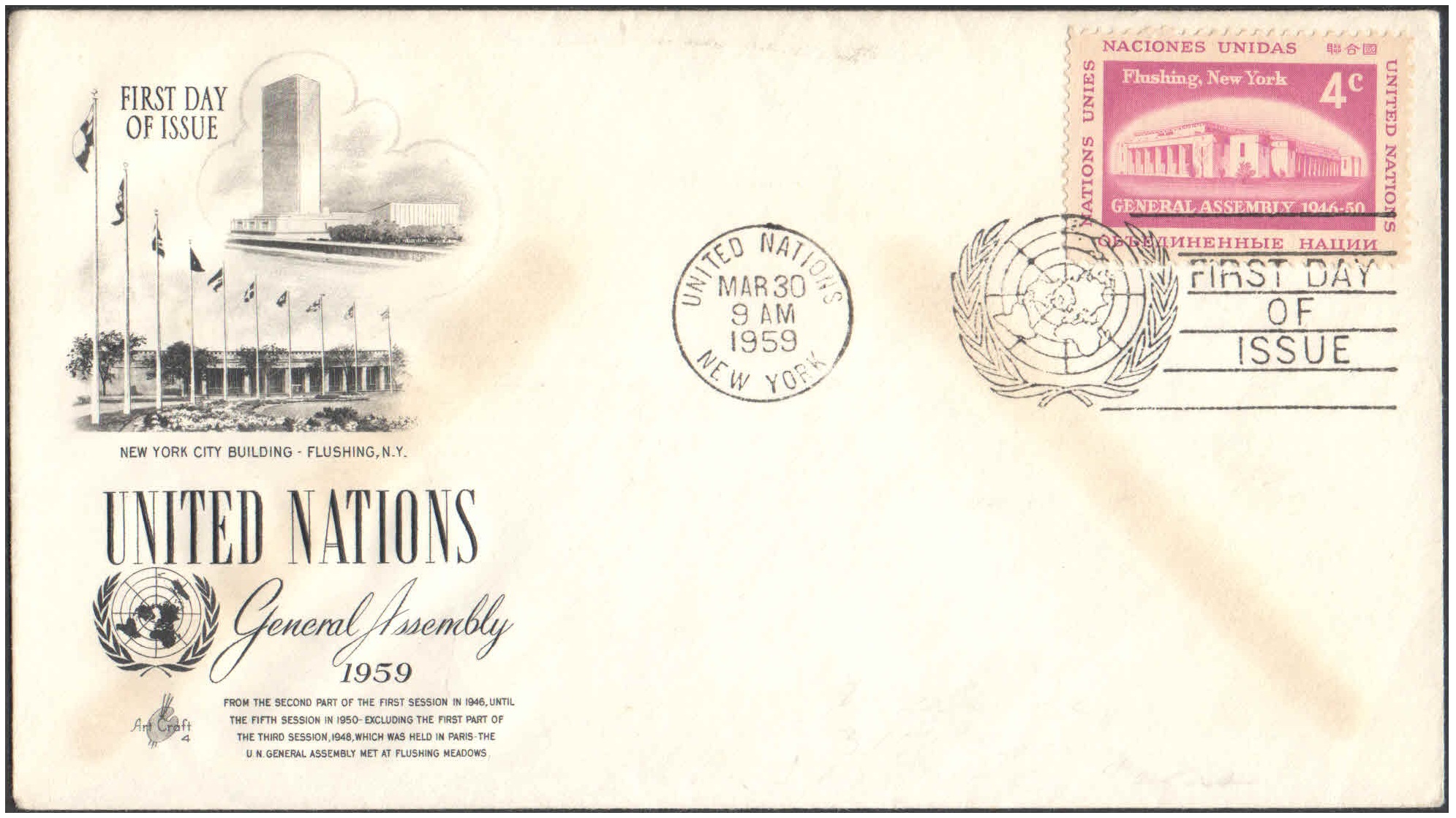 United Nations (UN) 1959 General Assembly First Day of Issue Cover