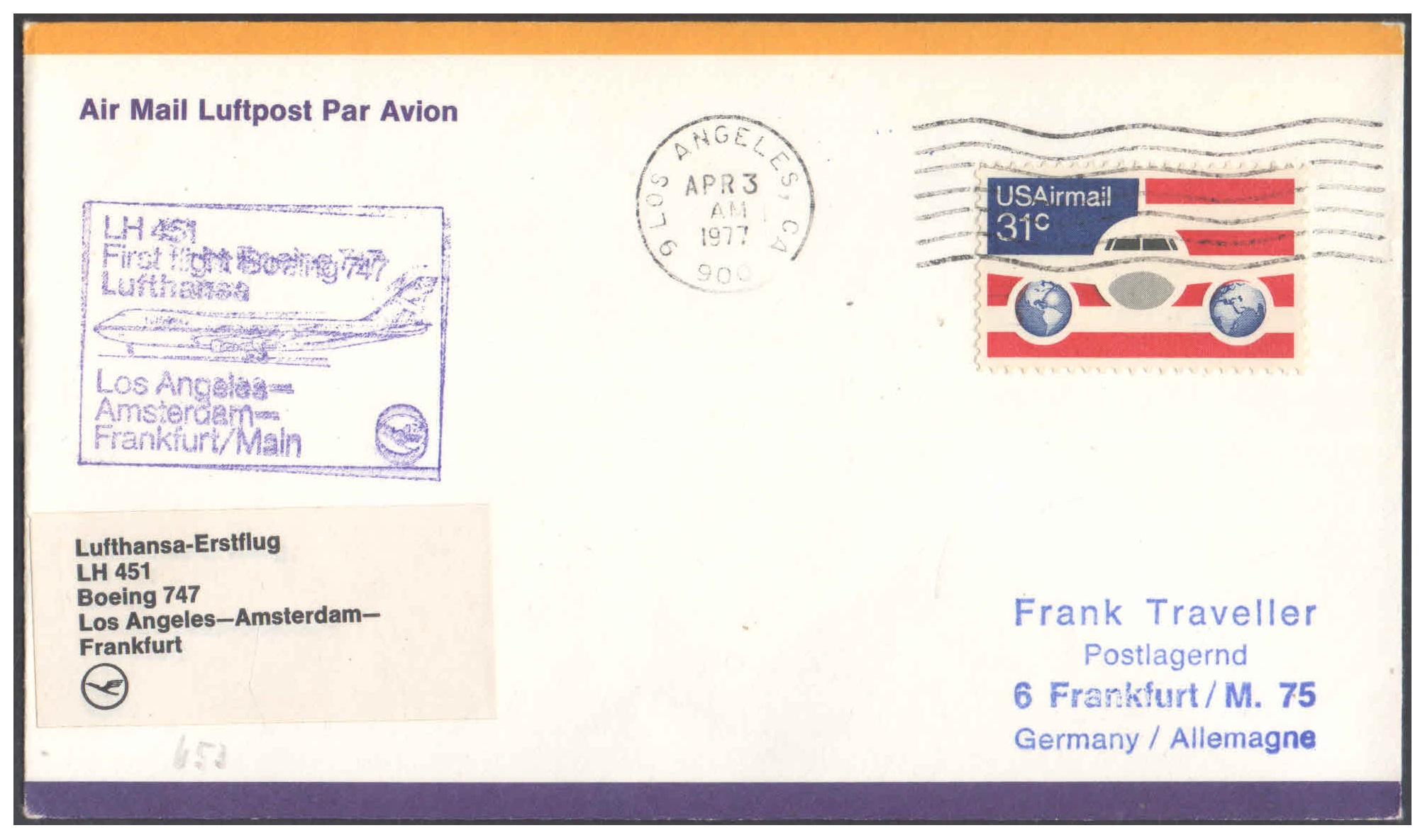 First Flight Cover - (03 April 1977) - Lufthansa LOS ANGELES ( USA ) to FRANKFURT ( Germany )