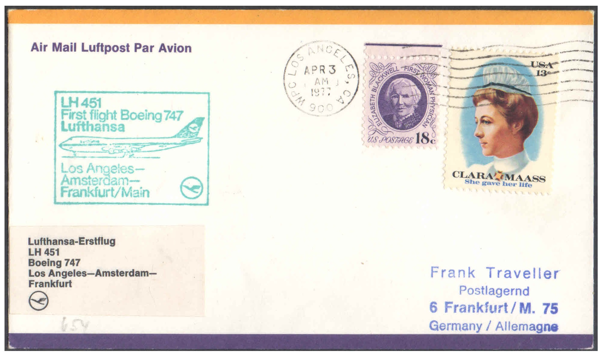 First Flight Cover - (03 April 1977) - Lufthansa LOS ANGELES ( USA ) to FRANKFURT ( Germany )