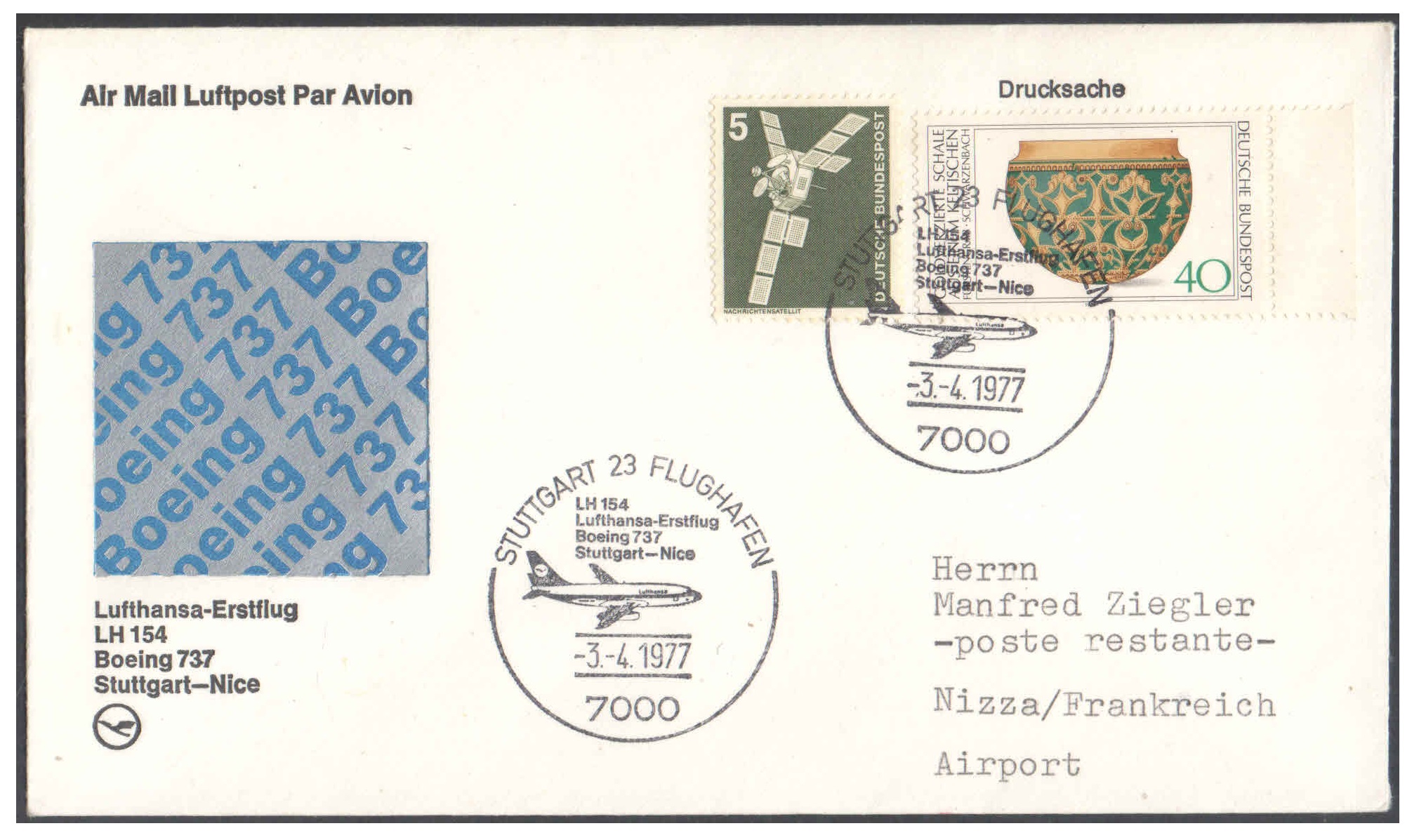 First Flight Cover - (03 April 1977) - Lufthansa STUTTGART ( Germany ) to NICE ( France )