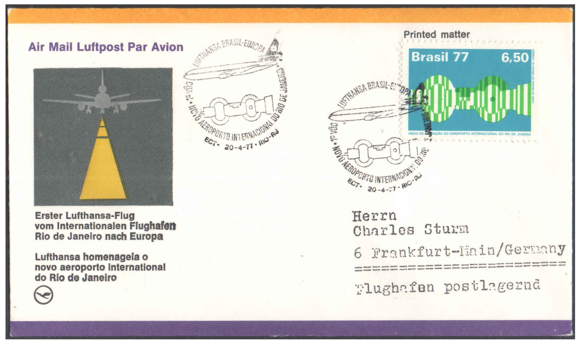 First Flight Cover - (20 April 1977) - Lufthansa RIO DE JANERIO ( Brazil )