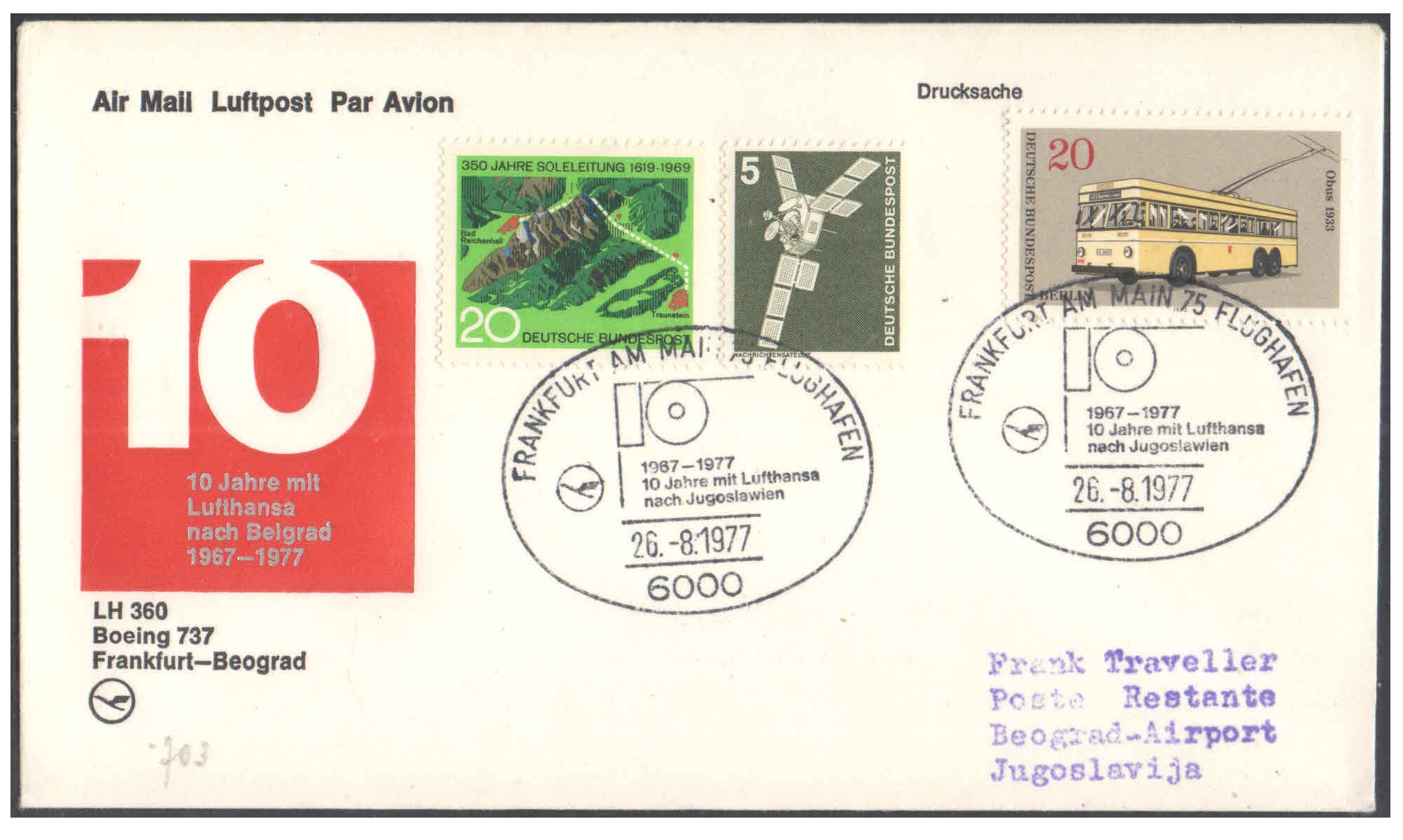 First Flight Cover - (26 August 1977) - Lufthansa FRANKFURT ( Germany ) to BELGRADE ( Serbia )