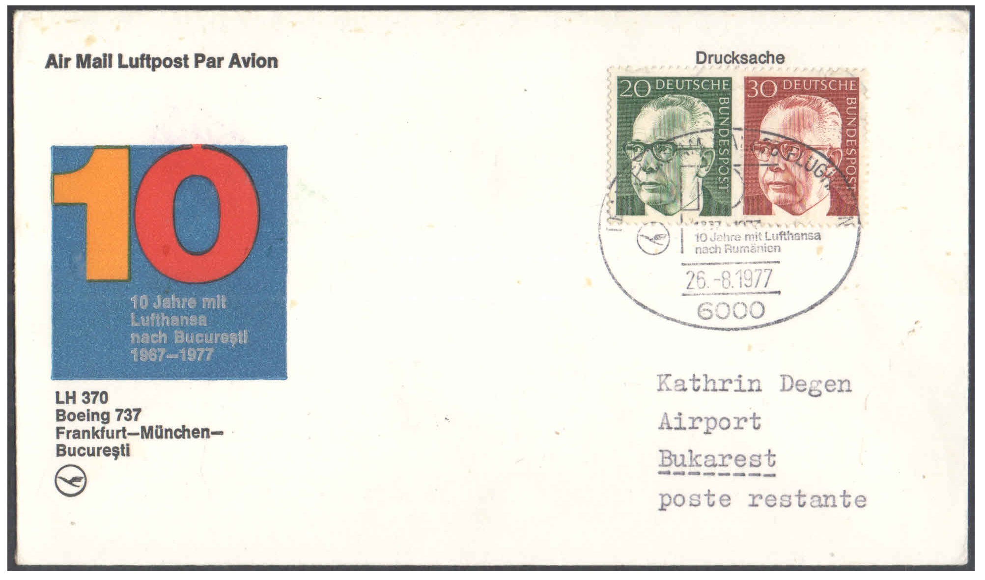 First Flight Cover - (26 August 1977) - Lufthansa FRANKFURT ( Germany ) to BUCHAREST ( Romania )