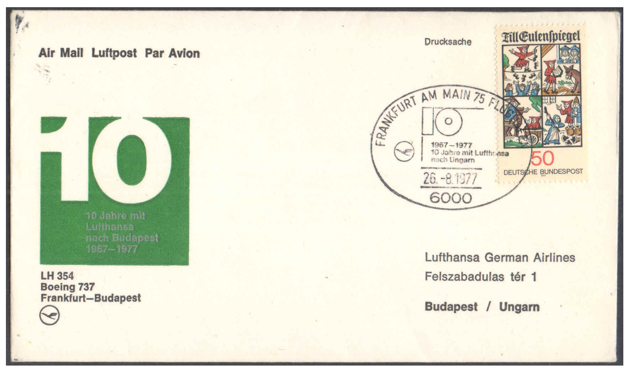 First Flight Cover - (26 August 1977) - Lufthansa FRANKFURT ( Germany ) to BUDAPEST (Hungary )