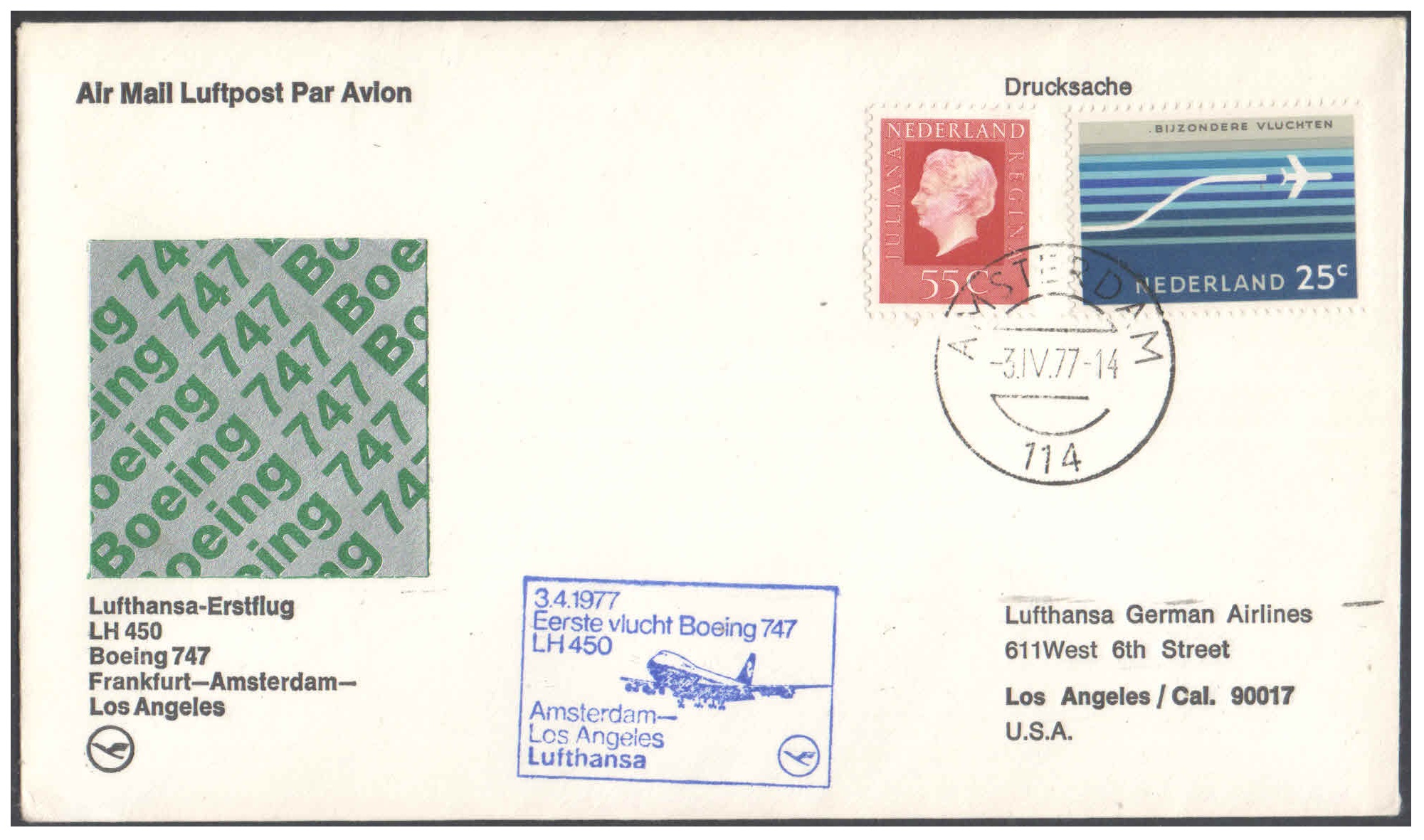 First Flight Cover - (03 April 1977) - Lufthansa FRANKFURT ( Germany ) to LOS ANGELES ( USA ) for stamp, philatelic collection (B)