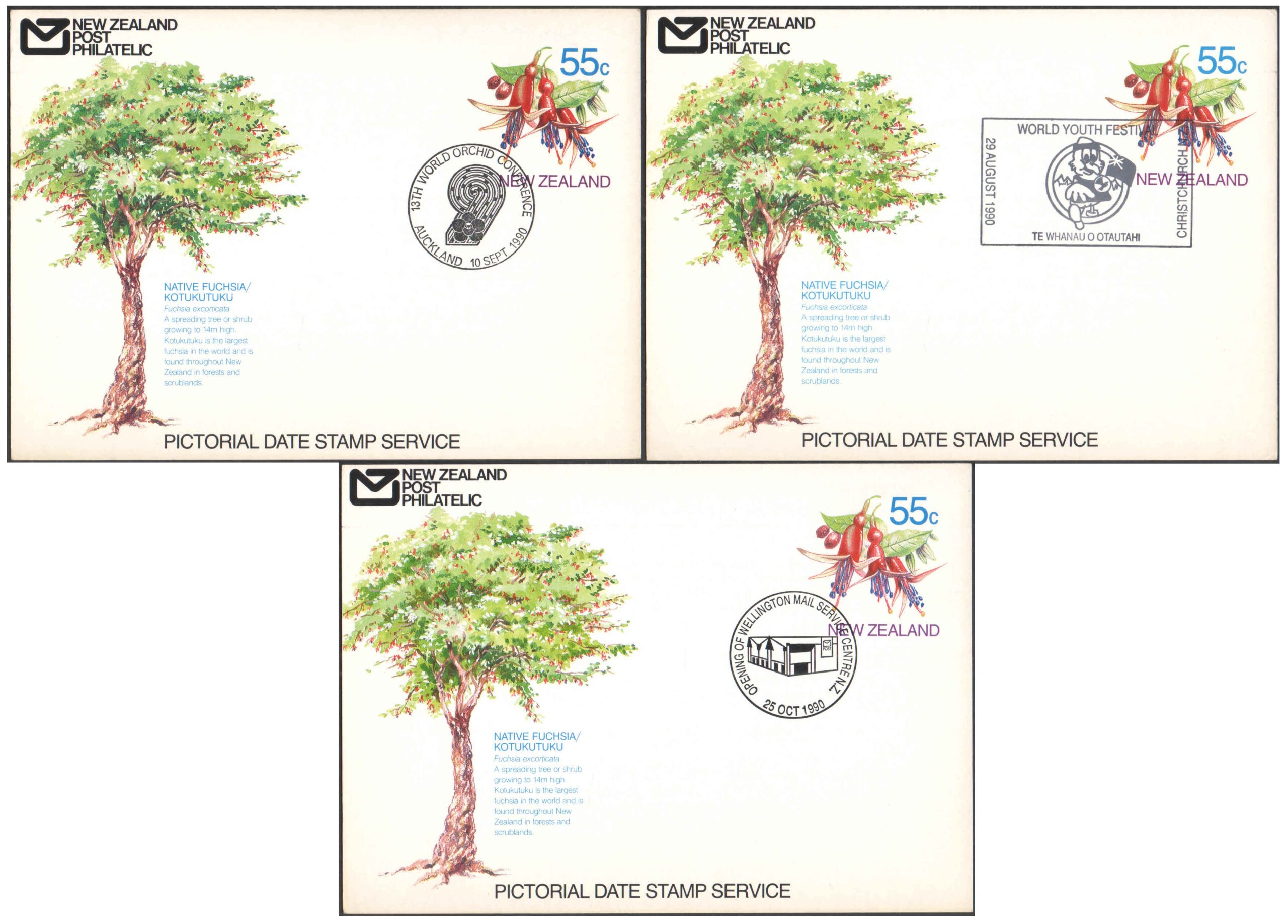 New Zealand 1990 - Orchid Conference & 2 other -Set of 3 Pictorial Date Stamped First Day Postcards