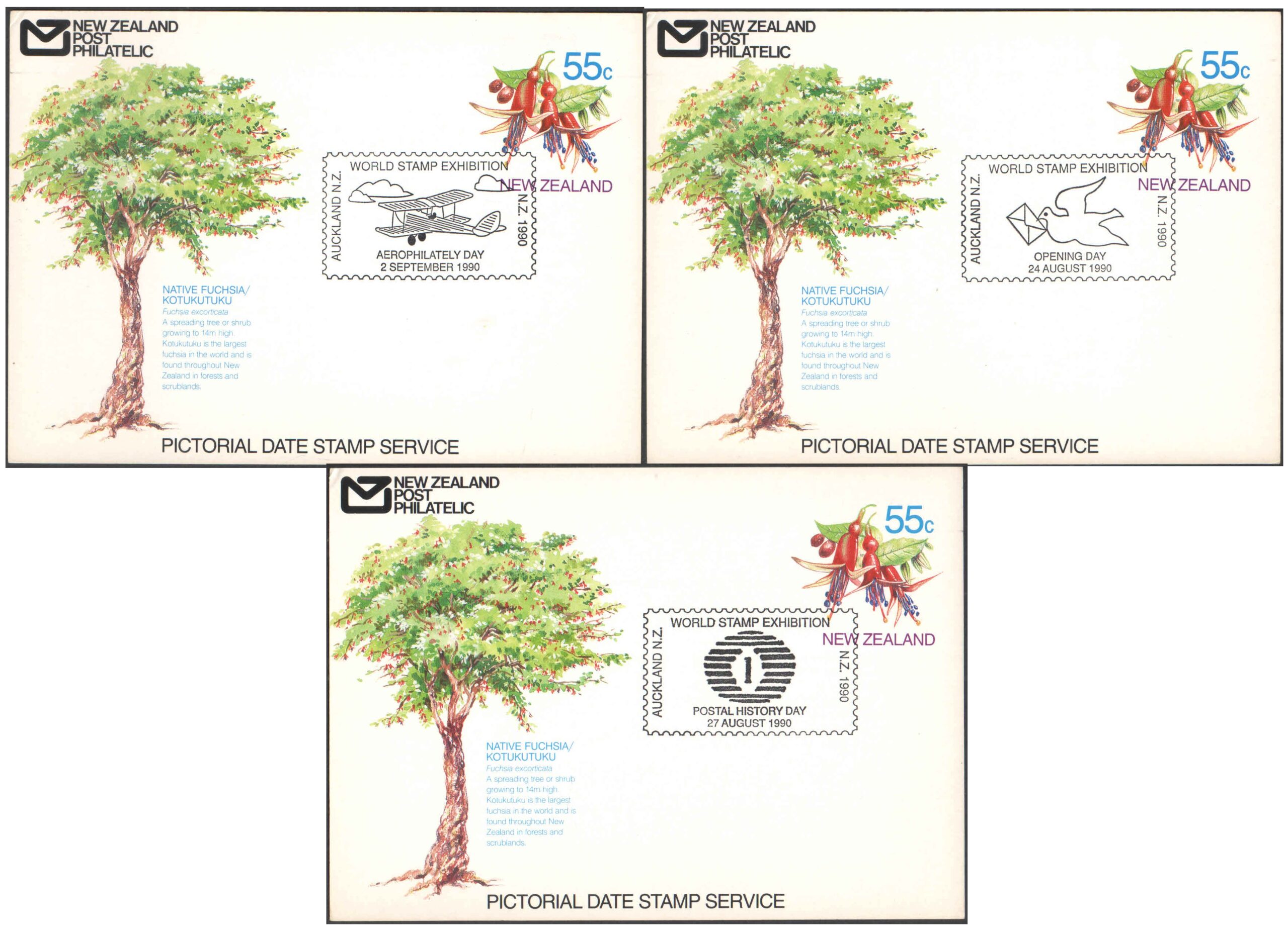 New Zealand 1990 - World Stamp Exhibition 2 - Set of 3 Pictorial Date Stamped First Day Postcards
