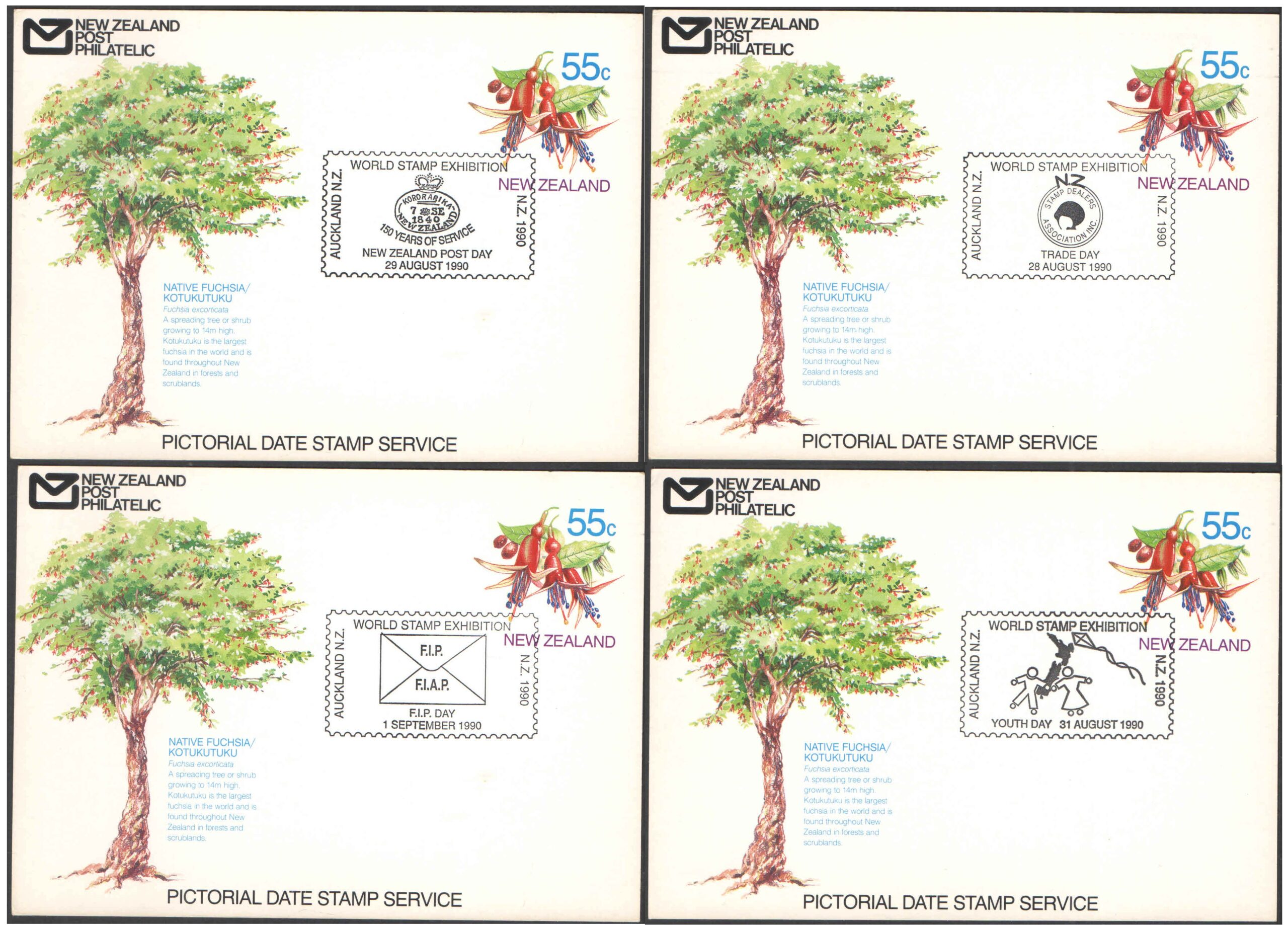 New Zealand 1990 - World Stamp Exhibition - Set of 4 Pictorial Date Stamped First Day Postcards