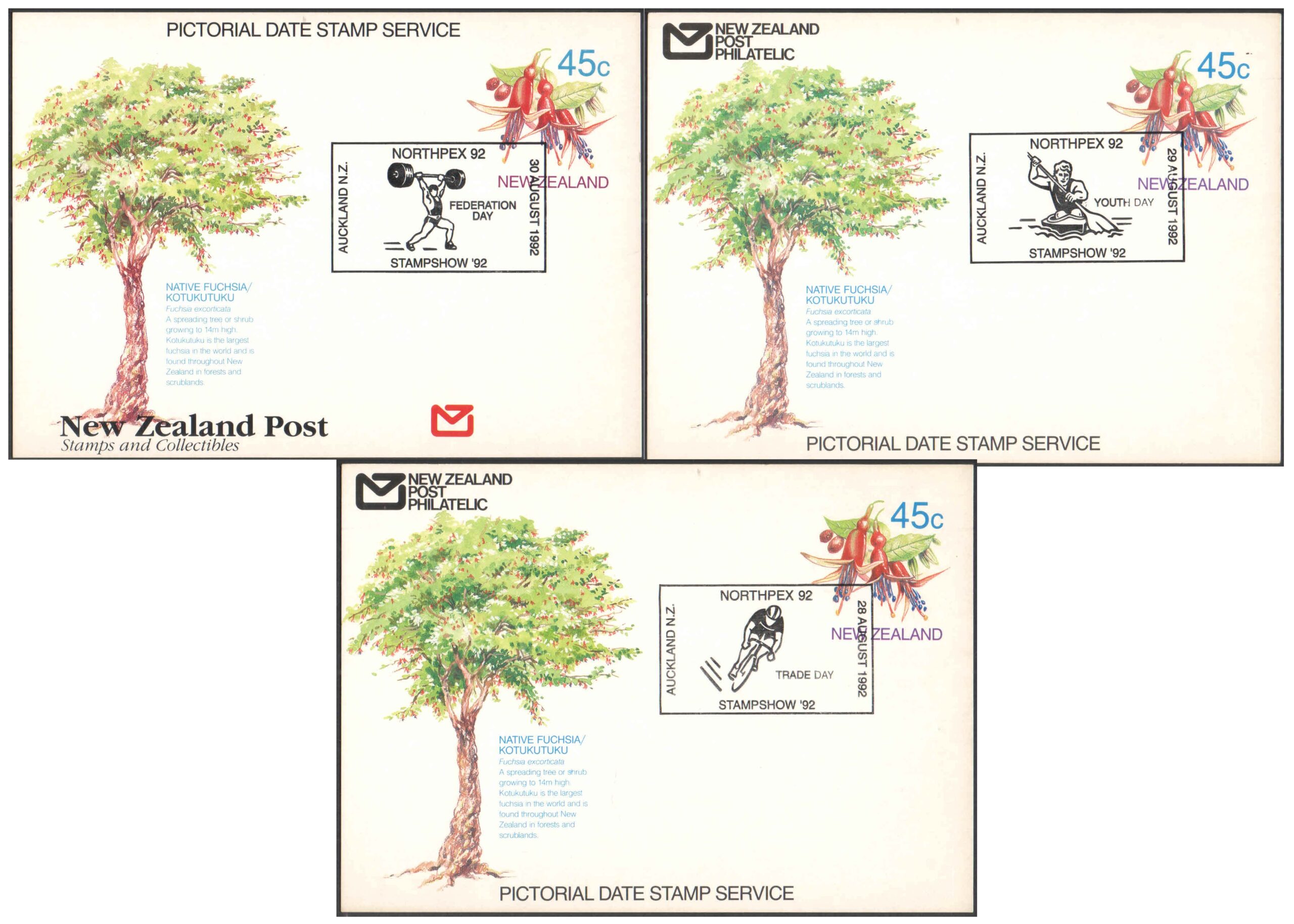New Zealand 1992 - NORTHPEX 92 -Set of 3 Pictorial Date Stamped First Day Postcards