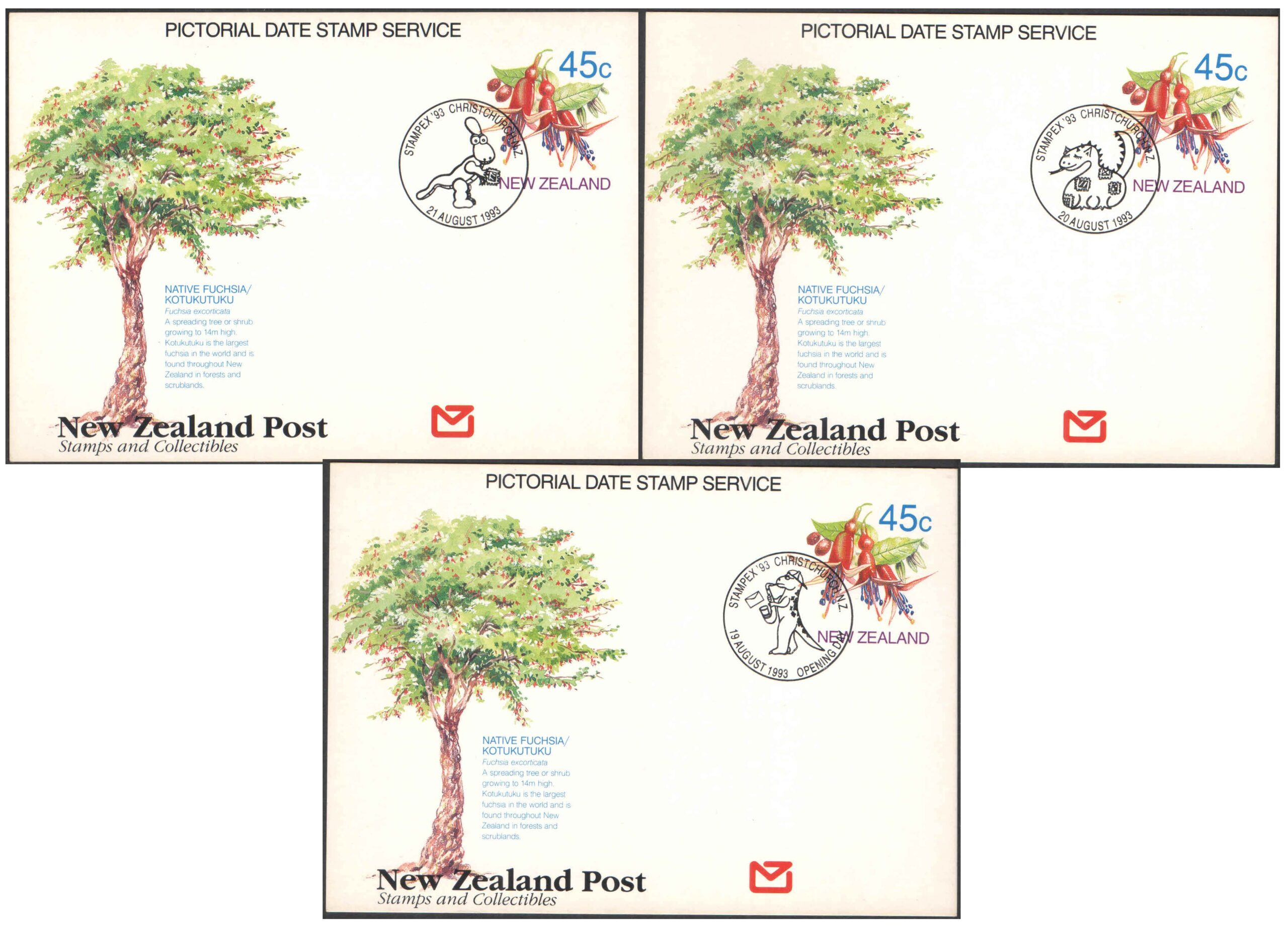 New Zealand 1993 - STAMPEX 93 -Set of 3 Pictorial Date Stamped First Day Postcards