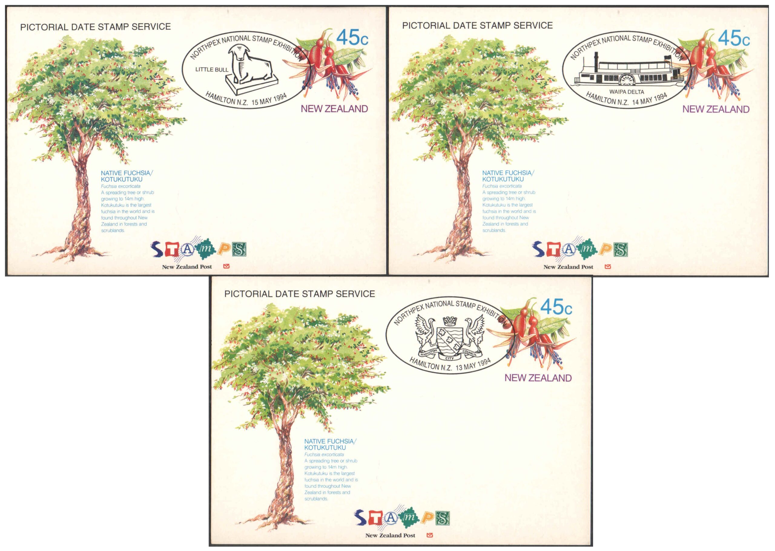 New Zealand 1994 - NORTHPEX 94 -Set of 3 Pictorial Date Stamped First Day Postcards