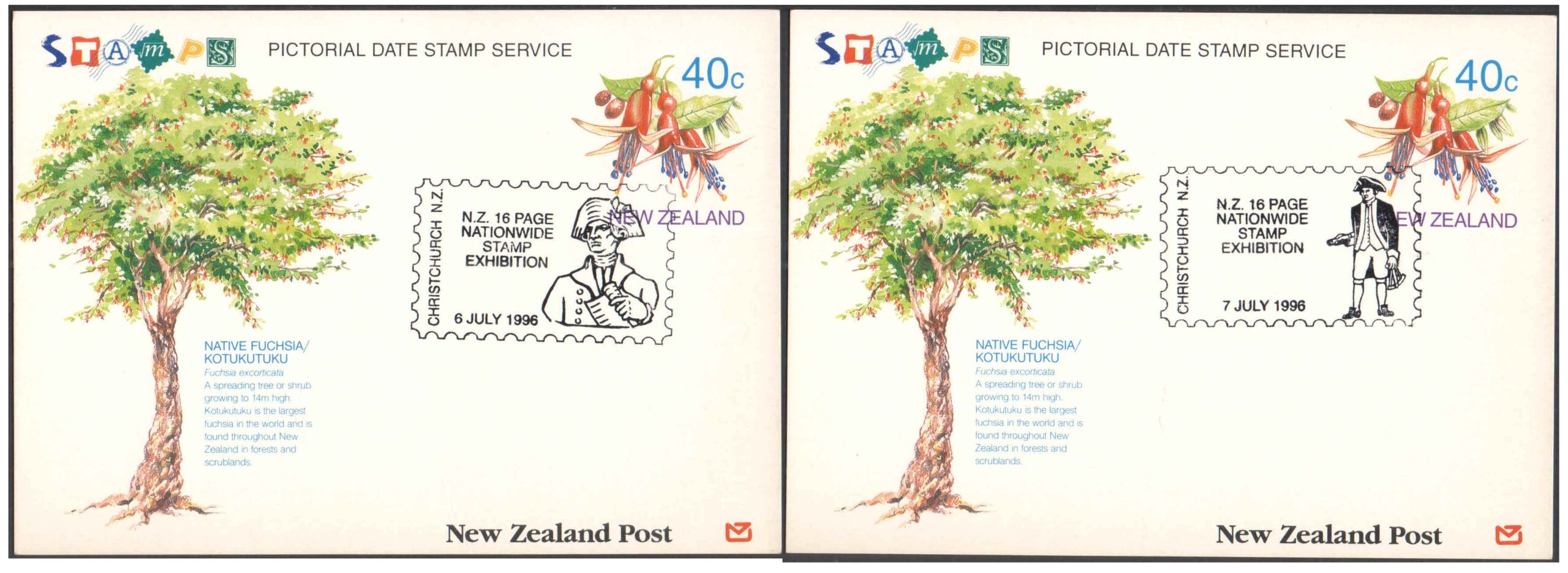 New Zealand 1996 - NZ 16 Page Stamp Exhibition - Set of 2 Pictorial Date Stamped First Day Postcards