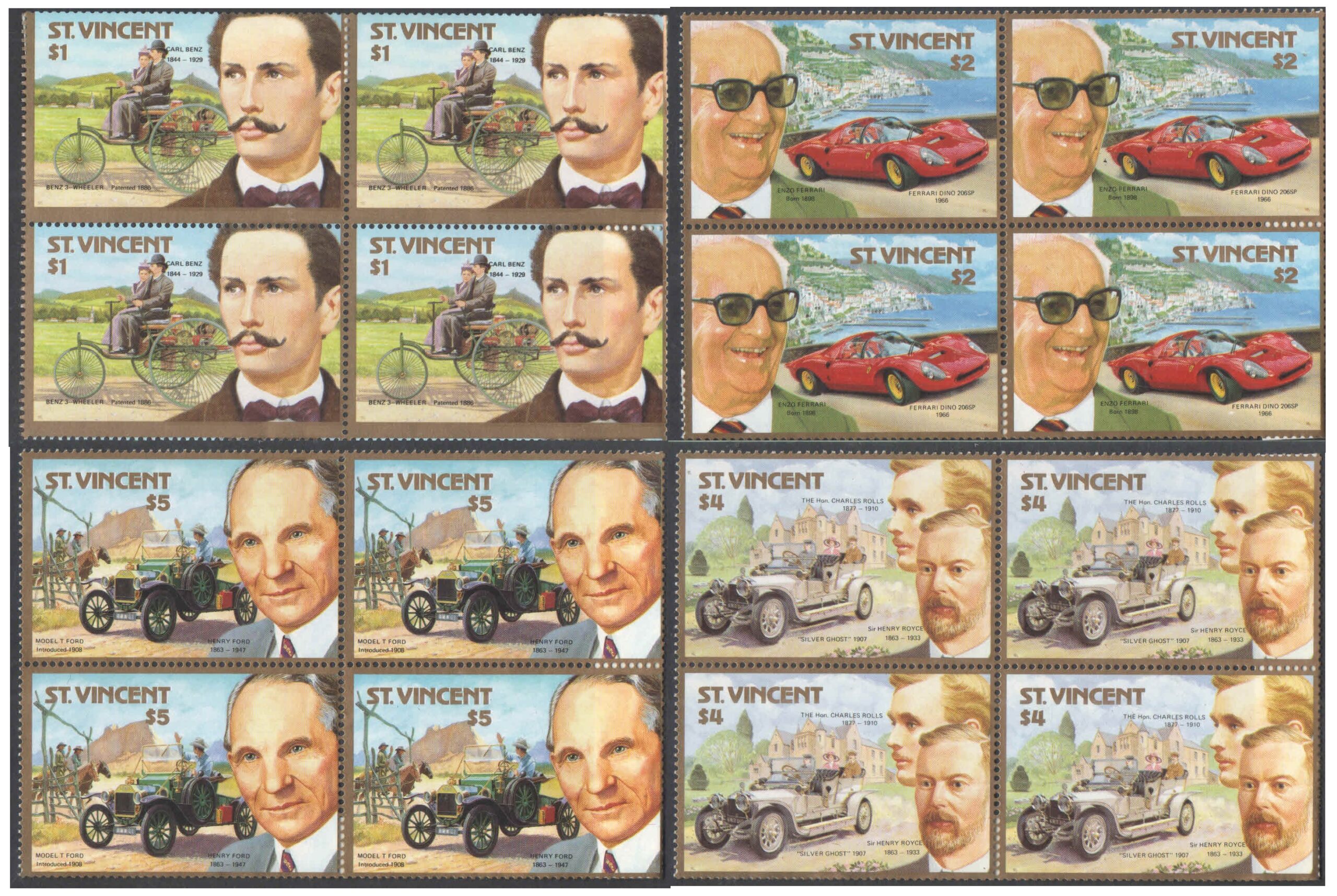 St. Vincent 1987 Automobile Centenary - Car Makers - Benz, Ferrari, Ford, Rolls Royce - Set of 4 Blocks of 4 stamps each MNH