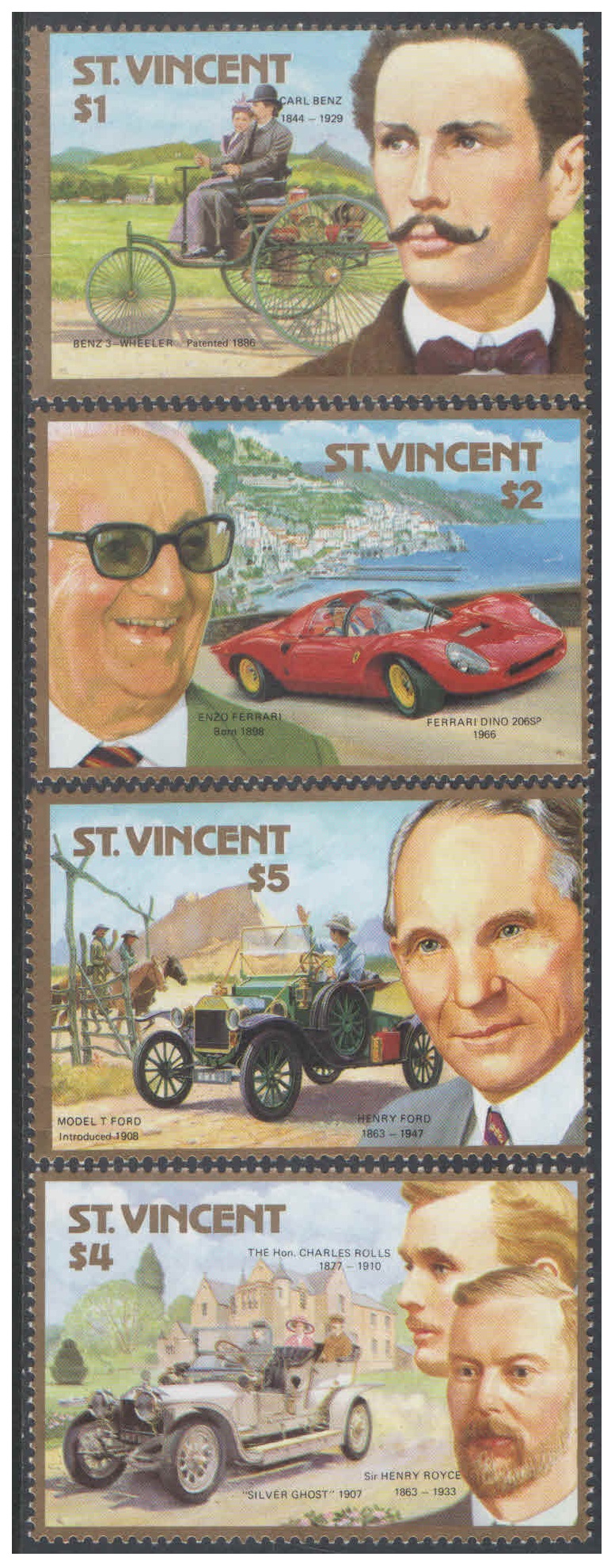St. Vincent 1987 Automobile Centenary - Famous Car Makers - Benz, Ferrari, Ford, Rolls Royce - Set of 4 stamps MNH