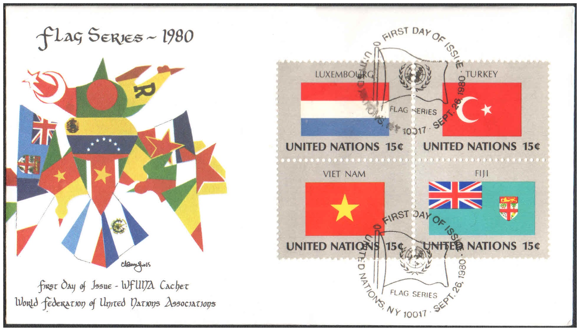 United Nations (UN) 1980 - Flag Series First Day Cover - Luxembourg, Turkey, Vietnam, Fiji