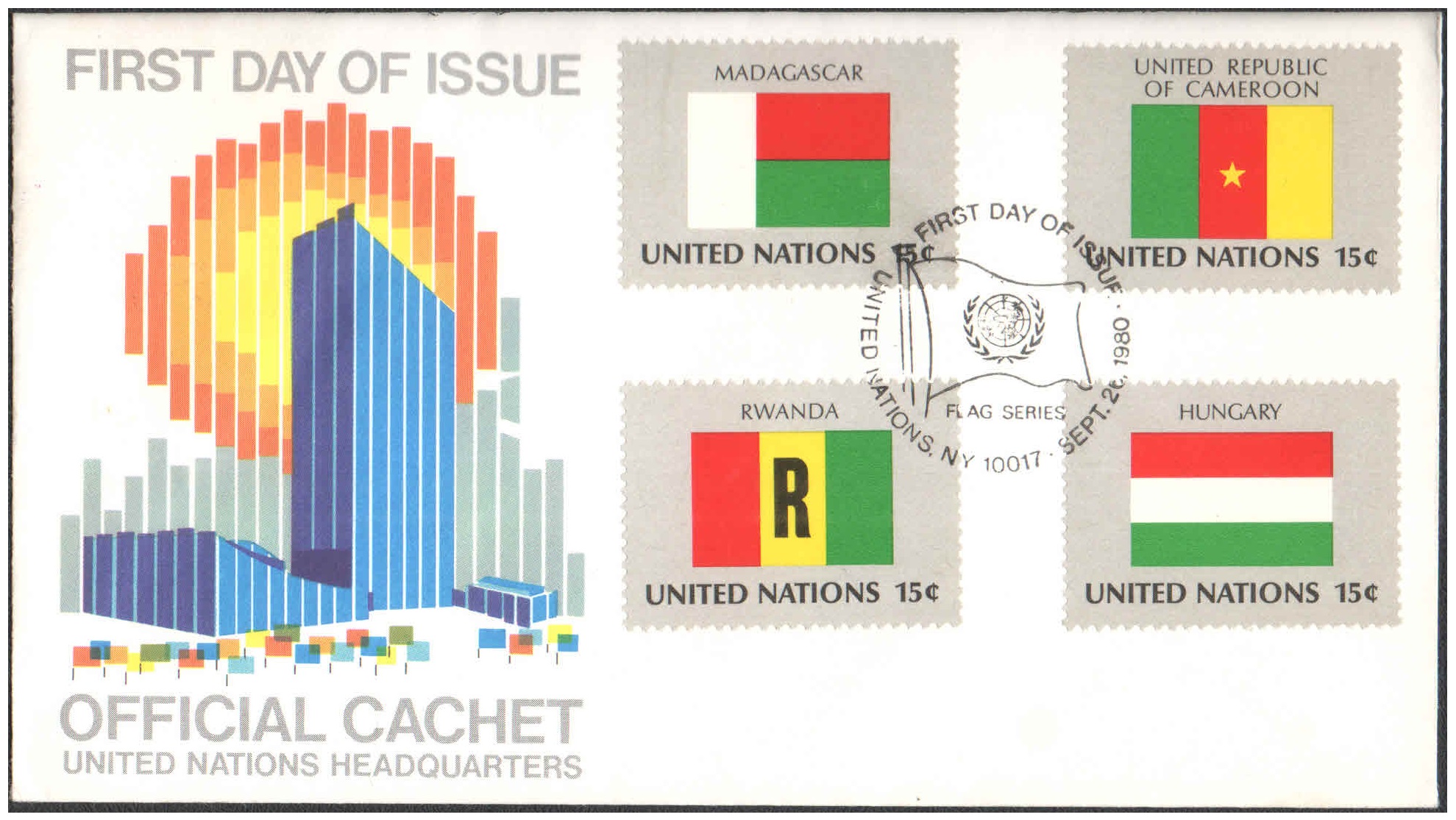 United Nations (UN) 1980 - Flag Series First Day Cover - Official Cachet New York - Madagascar, Cameroon, Rwwanda, Hungary