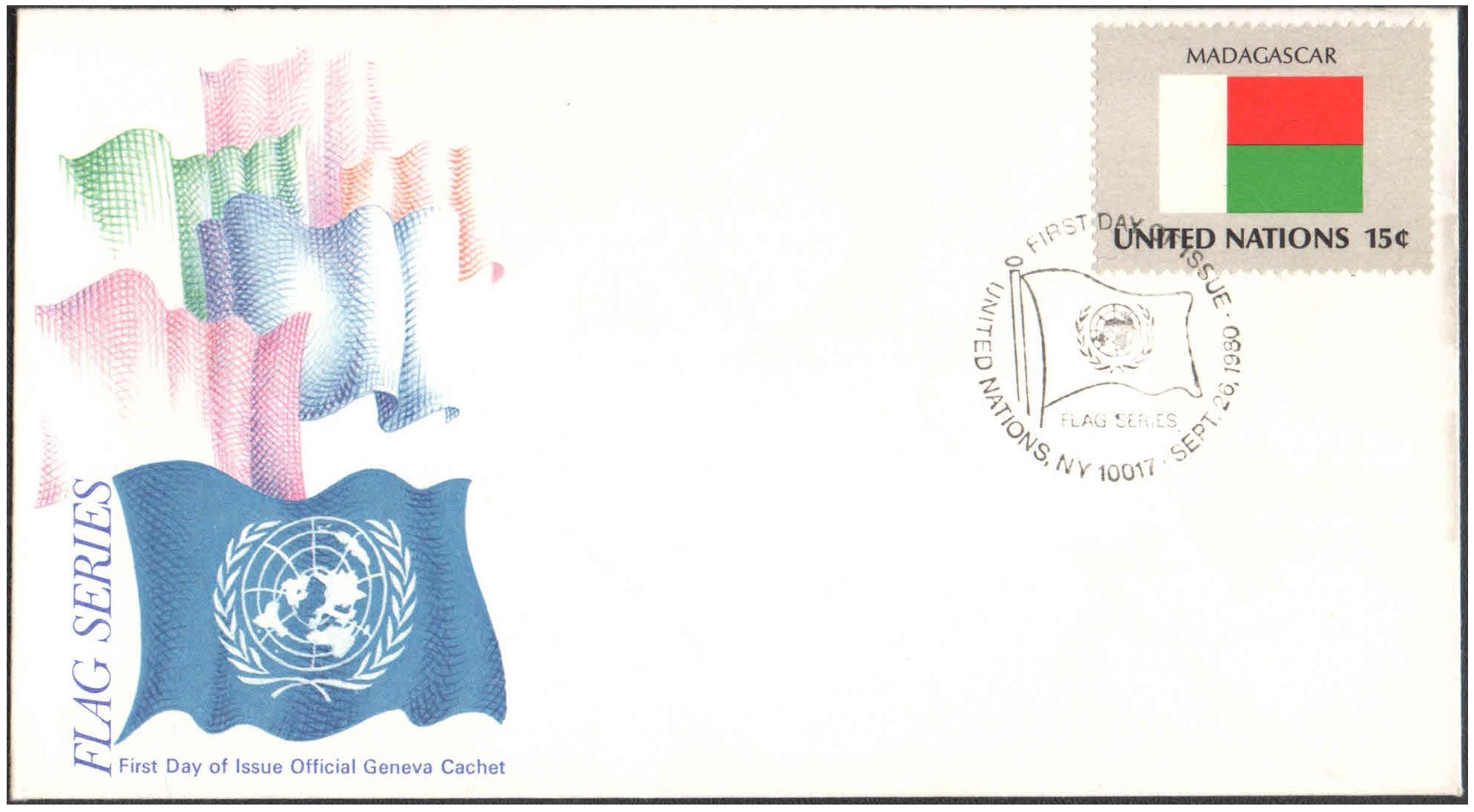 United Nations (UN) 1980 - Flag Series First Day Cover - Official Geneva Cachet - Madagascar