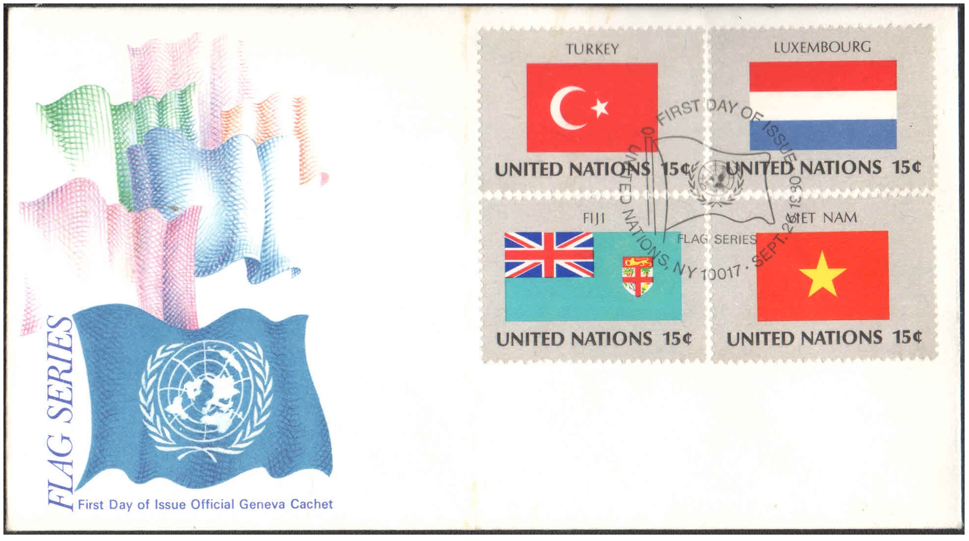 United Nations (UN) 1980 - Flag Series First Day Cover - Official Geneva Cachet - Turkey, Luxembourg, Fiji, Vietnam