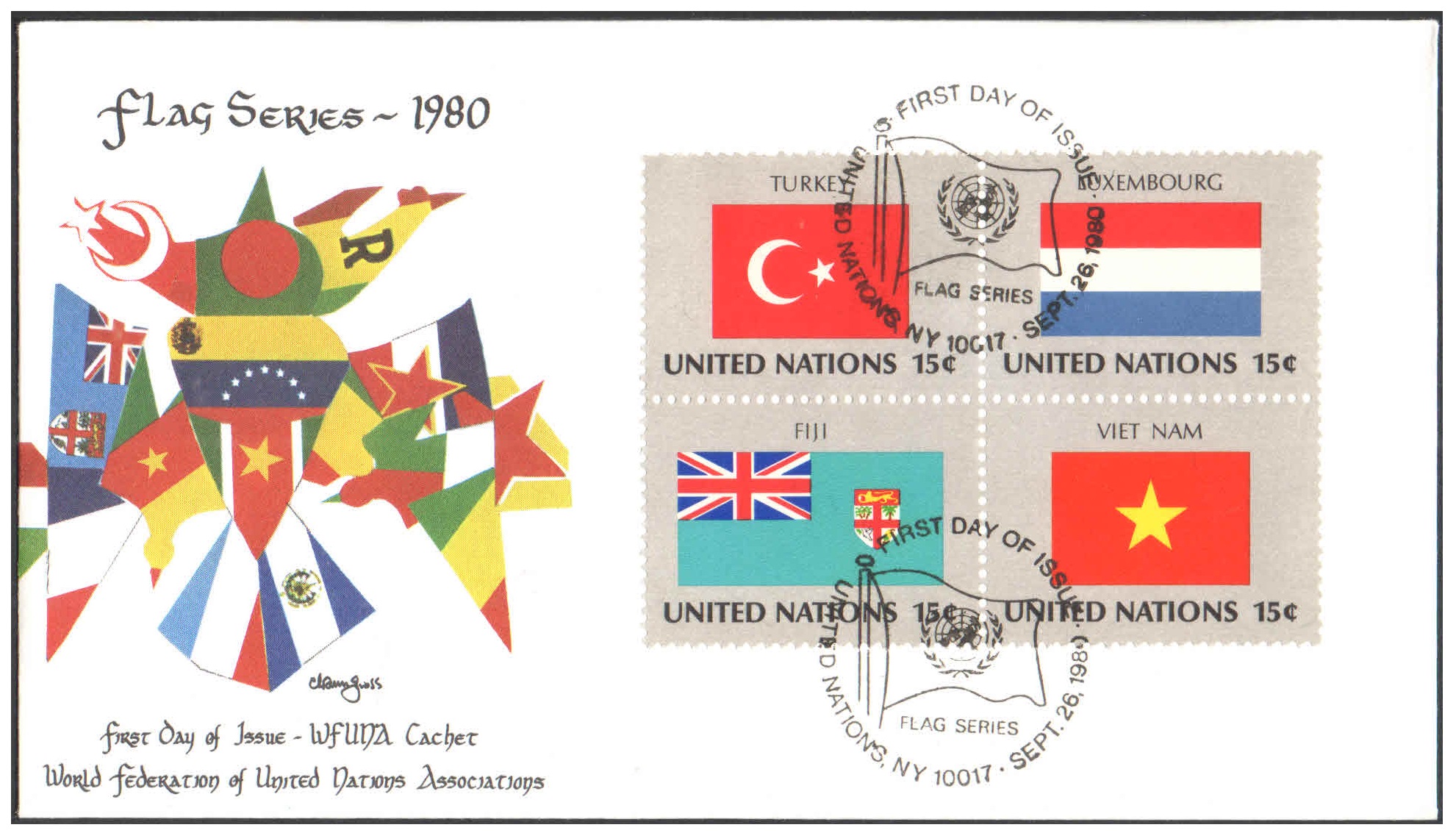 United Nations (UN) 1980 - Flag Series First Day Cover - Turkey, Luxembourg, Fiji, Vietnam