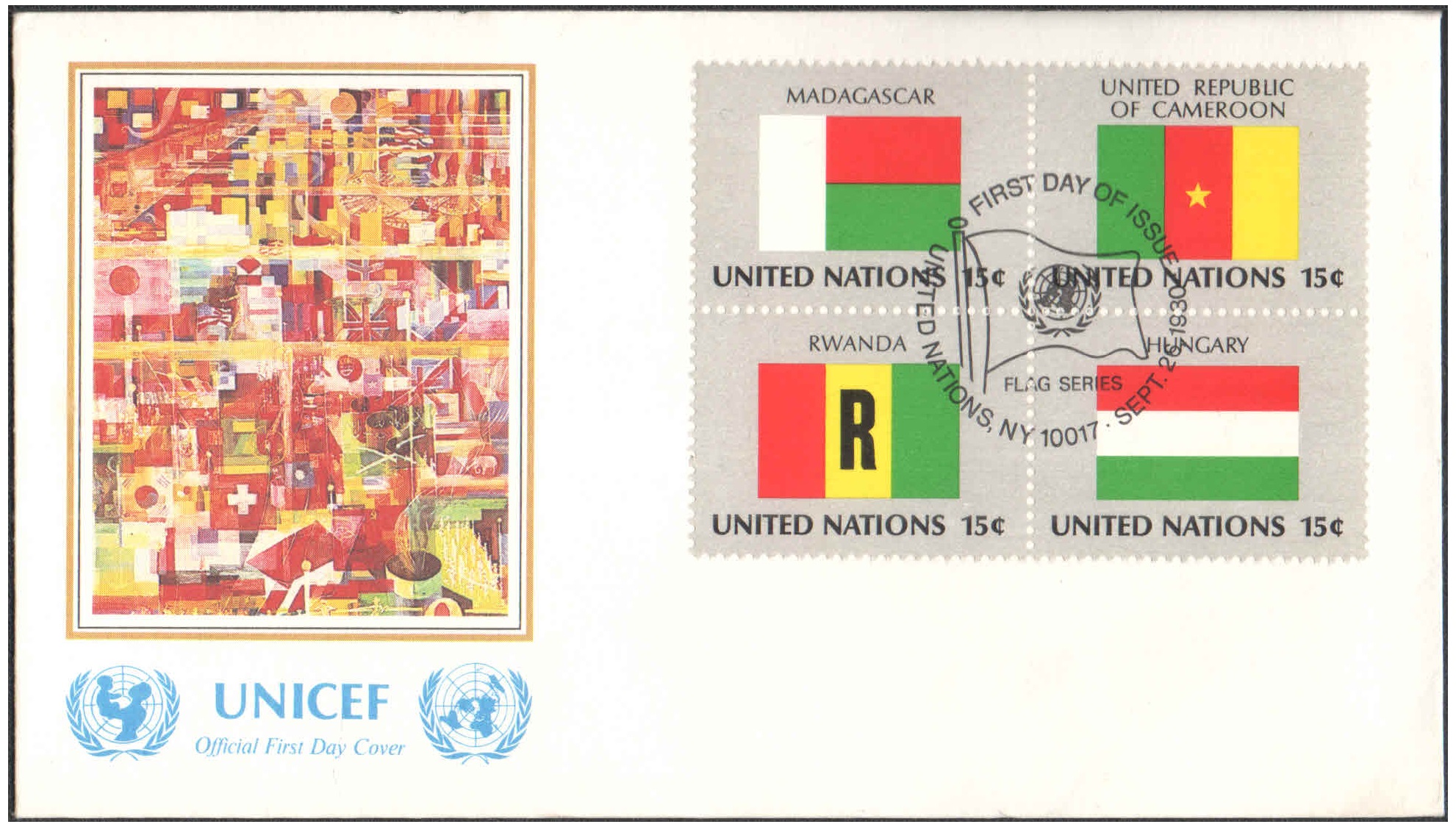 United Nations (UN) 1980 - UN ICEF - Flag Series First Day Cover - Madagascar, Cameroon, Rwanda, Hungary