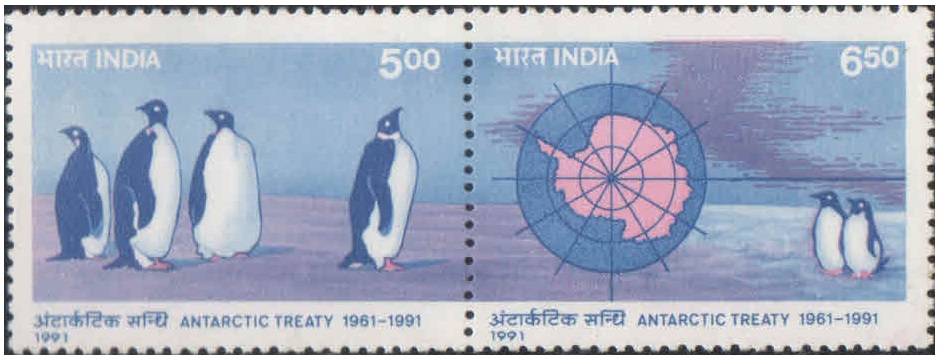 India 1991 Antarctic Treaty - Se-tenant pair of 2 Postage Stamps MNH